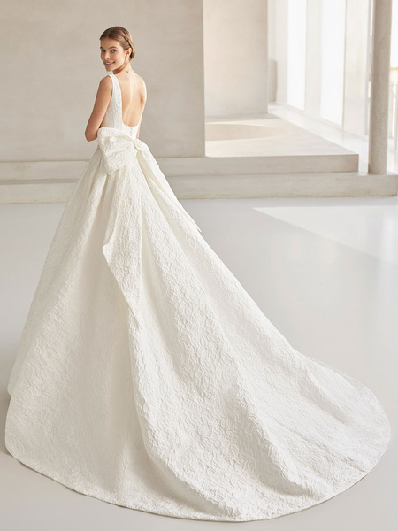 Milanoo Ivory Wedding Dress Princess Silhouette With Train Square Neck Sleeveless Natural Waist Bows
