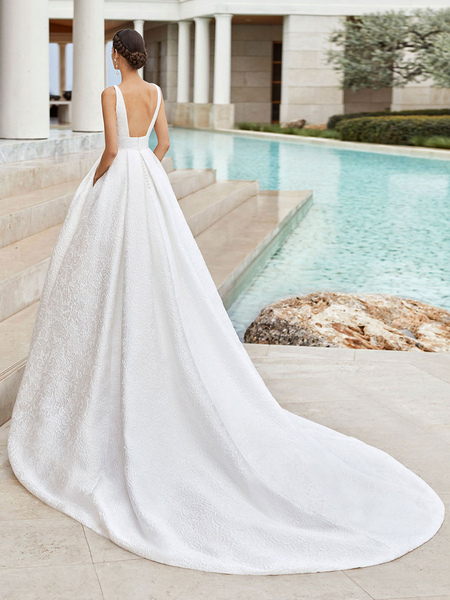 Milanoo White Wedding Dress Princess Silhouette V Neck Sleeveless Natural Waist With Train Bridal Go