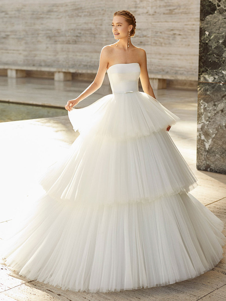 Milanoo Eric White Wedding Dress Strapless Sleeveless Backless Natural Waist With Train Tulle Polyes