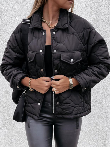 Milanoo Women Puffer Coats Black Buttons Turndown Collar Front Button Long Sleeves Casual Oversized