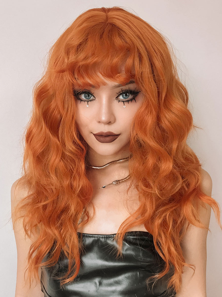 Milanoo Women Long Wig Orange Curly Heat Resistant Fiber Tousled Long Synthetic Wigs