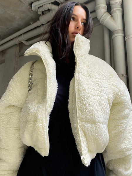 Milanoo Faux Fur Coats Eric White Long Sleeves Faux Leather Coat Stretch Zipper Winter Short Coat