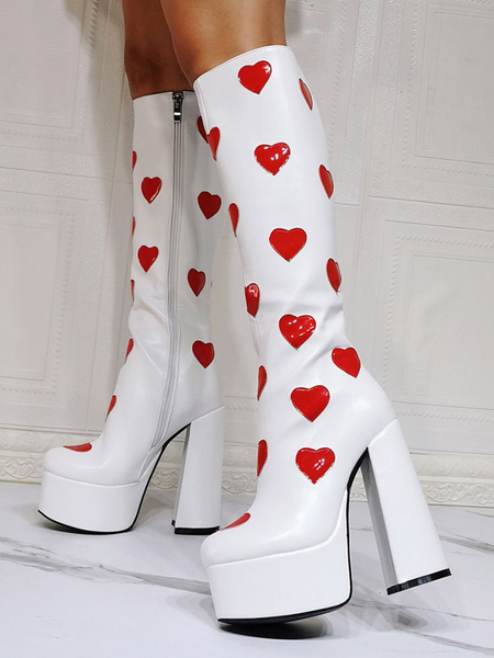 Image of Stivali da donna con motivo termico Plus Size Punta tonda Tacco grosso Stivali al ginocchio bianchi