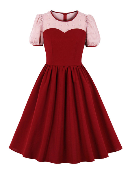 Milanoo 1950s Retro Dress Red Two Tone Stretch Lace Short Sleeves Jewel Neck Red Swing Dress