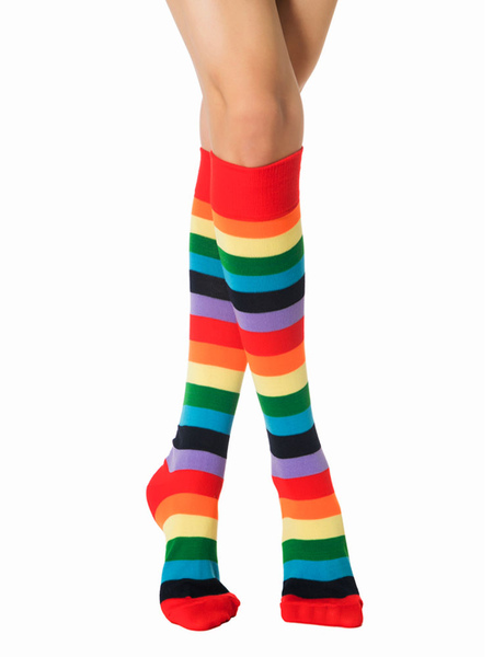 Image of Calze lunghe da donna Calze in poliestere con motivo a righe arcobaleno di colore diviso