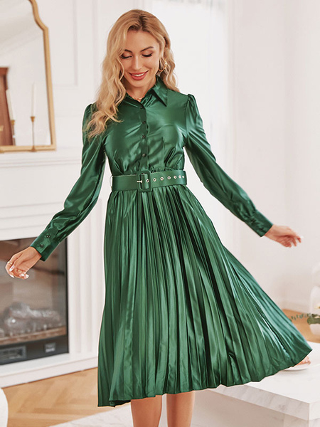 Milanoo Skater Dresses Turndown Collar Long Sleeves Pleated Stretch Casual Green Flare Dress Shirt D