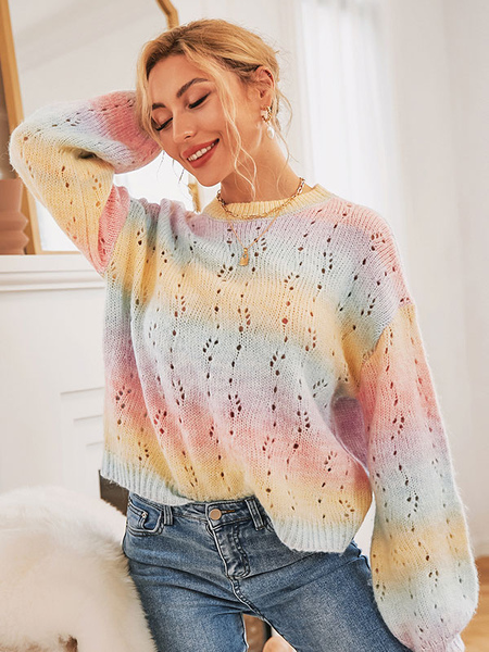 Milanoo Pullovers For Women Yellow Cut Out Tie Dye Jewel Neck Long Sleeves Stretch Polyester Sweater