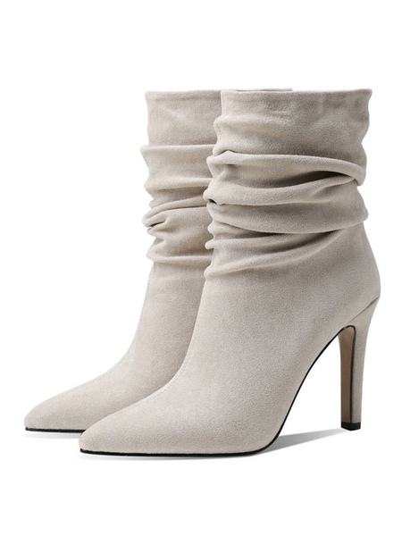 Milanoo Woman Mid Calf Boots Ecru White Micro Suede Upper Pointed Toe Stiletto Heel Booties