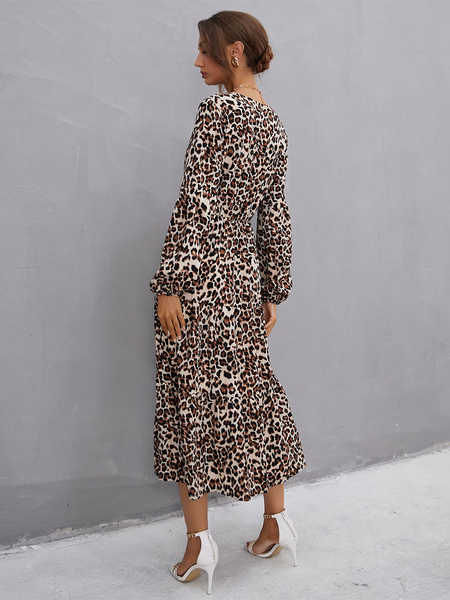 Women Maxi Dress Leopard Printed Pleated Polyester Casual V Neck Long Sleeves Midi Dress