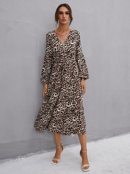 Women Maxi Dress Leopard Printed Pleated Polyester Casual V Neck Long Sleeves Midi Dress