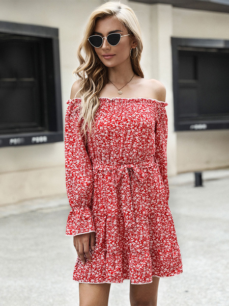 Milanoo Skater Dresses Bateau Neck Long Sleeves Lace Up Floral Printed Stretch Casual Flared Dress