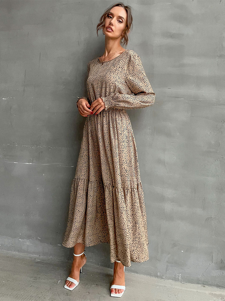 Milanoo Maxi Dress High Collar Long Sleeves Polyester Casual Printed Pattern Lace Up Floor Length Dr