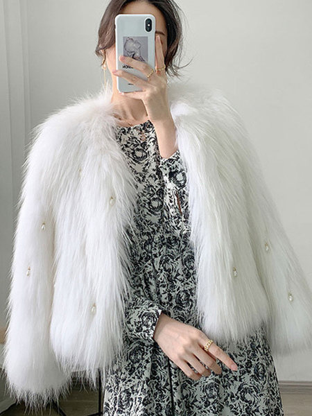 Milanoo Faux Fur Coats For Women Long Sleeves Casual Jewel Neck White Women Coat