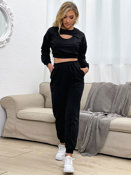 Milanoo Two Piece Sets Black Polyester Jewel Neck Casual Top Long Sleeves Outfit For Women