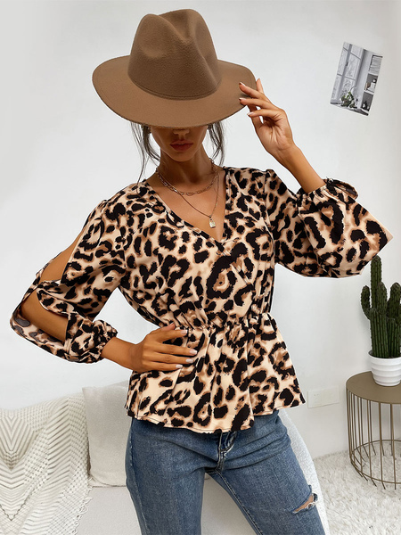 Image of Camicetta per donna T-shirt in poliestere a maniche lunghe casual con scollo a V elasticizzato con stampa leopardata