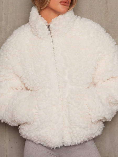 Milanoo Faux Fur Coats For Women Long Sleeves High Collar Casual Stretch White Winter Short Coat