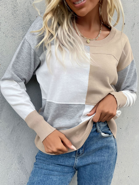 Milanoo Pullovers For Women Light Apricot Color Block Jewel Neck Long Sleeves Stretch Polyester Swea