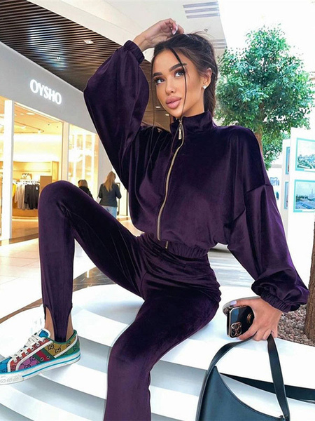 Milanoo Two Piece Sets Deep Purple Polyester Zipper Fall Long Sleeves High Collar Casual Blouse Stre