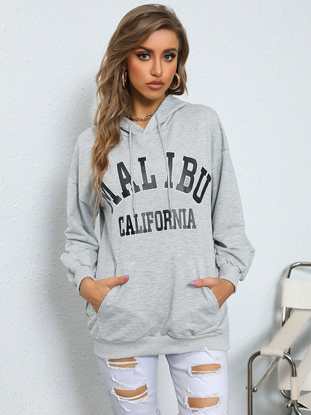 Milanoo Hoodie For Women Light Gray Long Sleeves Letters Print Polyester Oversized Hooded Sweatshirt