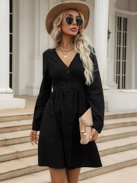 Milanoo Skater Dresses For Women Polyester V Neck Buttons Black Long Sleeves Casual Flared Dress