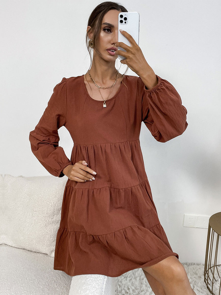 Milanoo Shift Dresses Long Sleeves Casual Pleated Jewel Neck Layered Coffee Brown Tube Dress