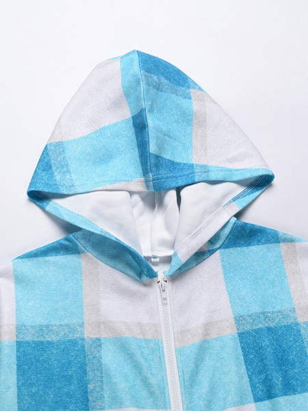 Women Jacket Plaid Pattern Hooded Zipper Polyester Stretch Short Coat Cozy Active Outerwear