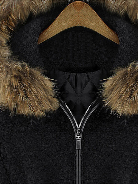 Woman Coat Hooded Fur Collar Pockets Casual Irregular Black Wrap Coat Cozy Active Outerwear