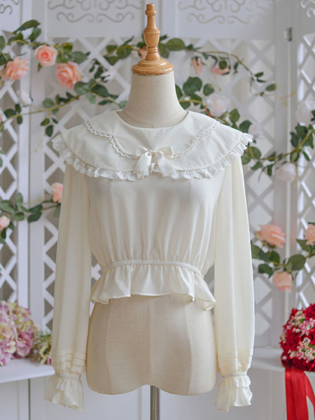 Image of Camicia Lolita bianca con stampa floreale a maniche lunghe Lolita dolce