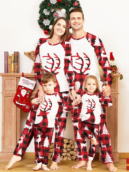 Christmas Pajamas For Matching Family Polyester Floral Print Pants Top Pants 2-Piece Set