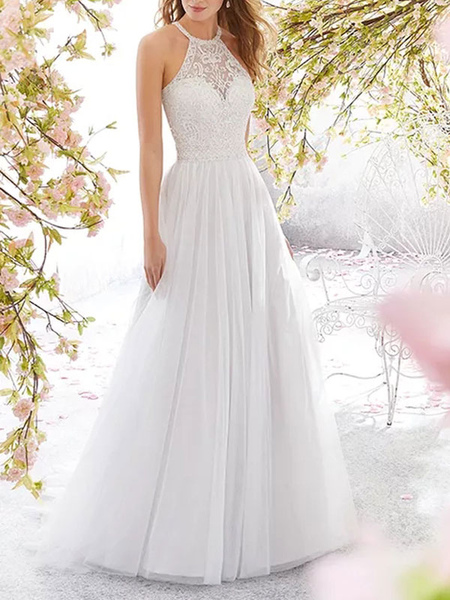 White Maxi Dress For Women Jewel Neck Sleeveless Polyester Long Dress