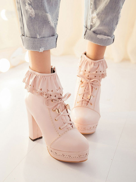 Image of Pink Lolita Boots PU in pelle rotonda TOUND TOE CHUNKY Heel Top Low Top Lolita Calzature