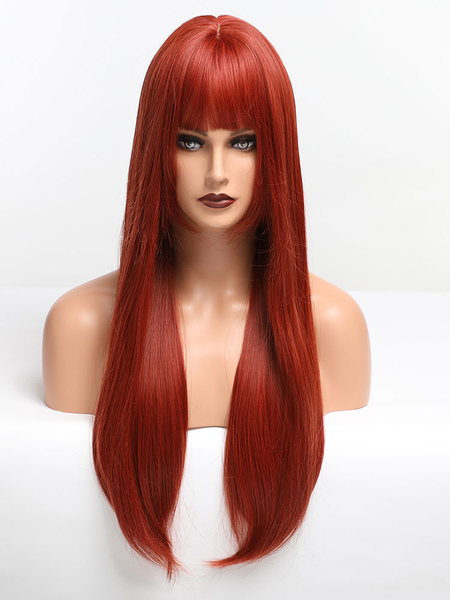 Image of Parrucca lunga da donna Parrucche sintetiche lunghe arruffate in fibra resistente al calore diritta rossa