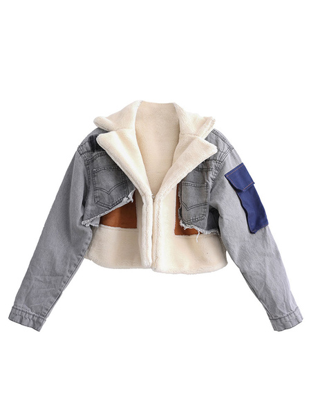 Women Denim Jackets Turndown Collar Long Sleeves Color Block Stretch Front Button Casual Buttons Field Light Sky Blue Winter Jacket Cozy Active Outerw