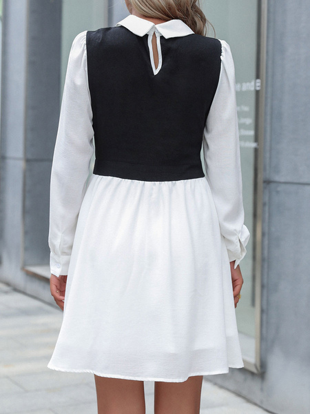 Shirt Dresses White Turndown Collar Piping Long Sleeves Polyester Two-Tone Stretch Midi Dress