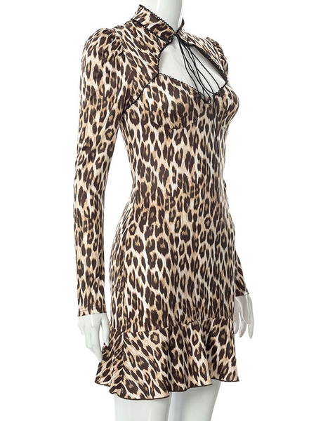 Women Midi Dress Leopard Print Jewel Neck Long Sleeves Stretch Bodycon Dress