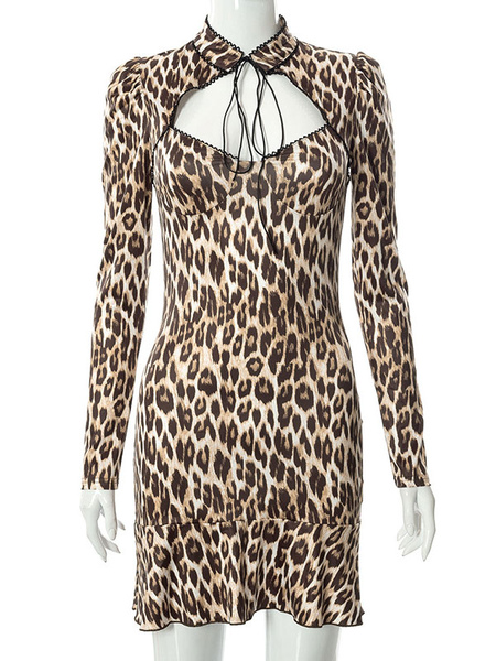 Women Midi Dress Leopard Print Jewel Neck Long Sleeves Stretch Bodycon Dress