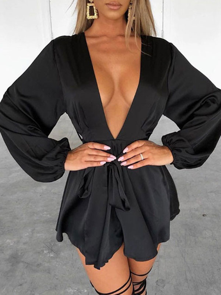 Party Dresses Black V-Neck Pleated Long Sleeves Stretch Semi Formal Dress