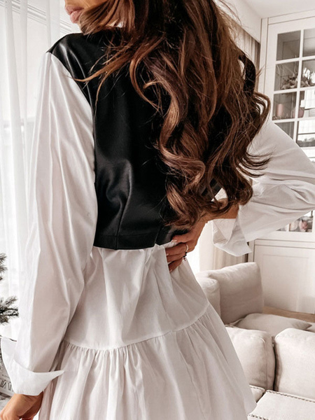 Mini Dresses Black Color Block Long Sleeves Pleated Polyester Short Dress