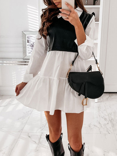 Mini Dresses Black Color Block Long Sleeves Pleated Polyester Short Dress