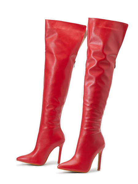 Bottes femme talon aiguille bout pointu cuir PU rouge sur les bottes au genou