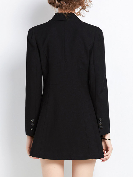 Mini Dresses Black V-Neck Turndown Collar Long Sleeves Buttons Polyester Short Dress