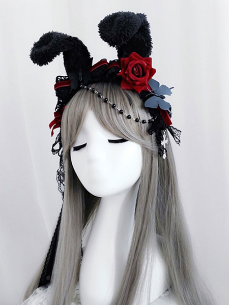 Image of Black Lolita Headdress Poliestere Fibra Catena in fibra di pizzo Archi Brow Bow Rabbit Orecchie Lolita Fascia