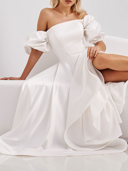 Party Dresses White Bateau Neck Short Sleeves Open Shoulder Long Semi Formal Dress