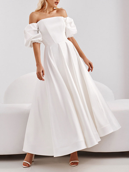 Party Dresses White Bateau Neck Short Sleeves Open Shoulder Long Semi Formal Dress