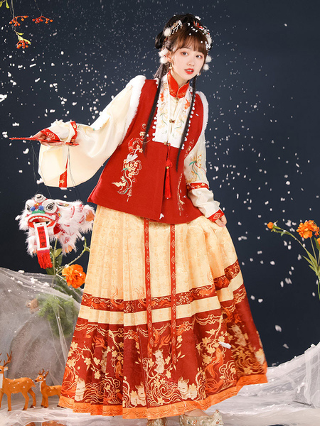 Image of Vestito Lolita OP in stile cinese Set di 3 pezzi Vestito rosso Lolita a maniche lunghe