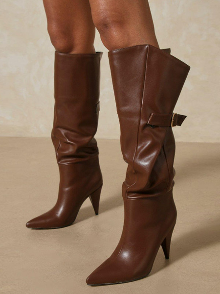 Image of Stivali da donna Stivali al ginocchio color cioccolato con punta a punta e tacco a spillo in pelle PU