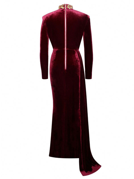 Burgundy Maxi Dress High Collar Long Sleeves Polyester High Slit Layered Floor Length Dress