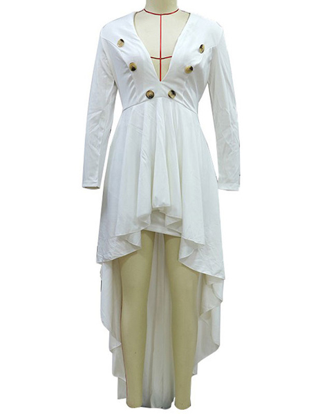 Maxi Dress V-Neck Long Sleeves Polyester Sexy Layered White Long Dress