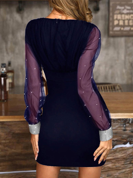 Bodycon Dress Black Long Sleeves Pleated V Neck Layered Sexy Midi Wrap Dresses Sheath Wrap Dresses