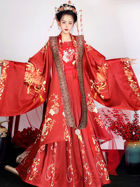 Image of Abito Lolita in stile cinese Completo da 3 pezzi Abito da lolita rosso in poliestere stampato floreale a maniche lunghe